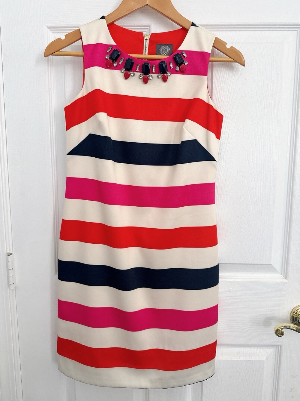 Vince Camuto Jewel-Neck Striped Sheath Dress in Pink, Red, Navy, and Cream